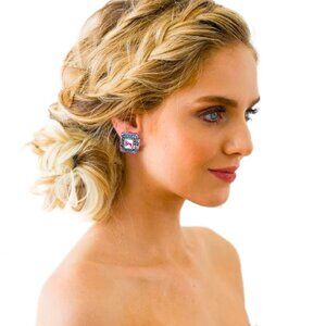 HEIDI DAUS Dazzling Pink & Blue Swarovski Crystals Square Clip-On Earrings